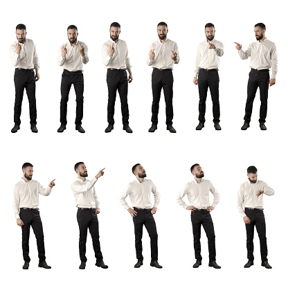 Set of business person showing middle finger and pointing finger looking up. Full body isolated on white background.