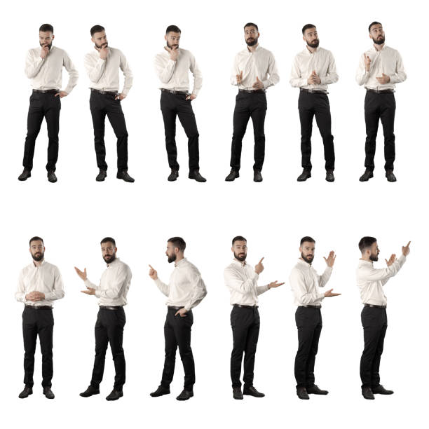 istock Set of business man thinking, having idea and presenting and showing empty space. 1316917139