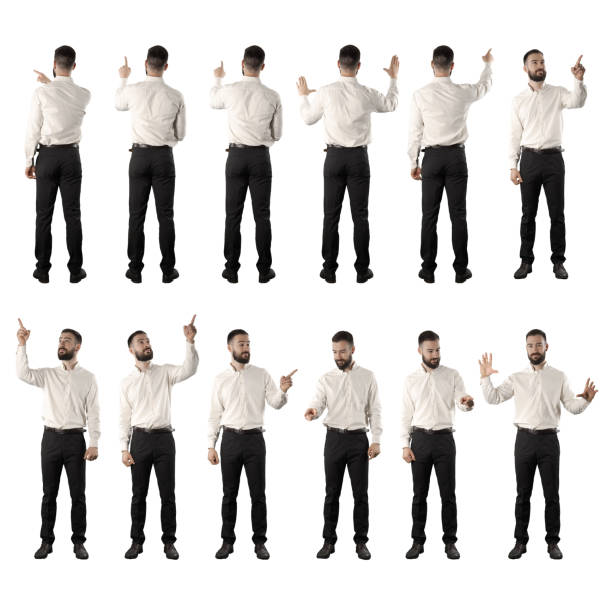 istock Set of back and front view of business man doing various touch screen interaction gestures. 1316917305