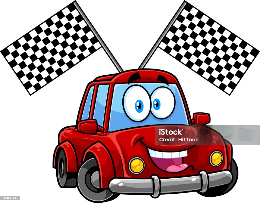Happy Car Cartoon Character With Race Flags Stock Illustration - Download  Image Now - Car, Eye, Checkered Flag - iStock