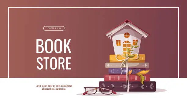 Vector illustration of Promo banner for bookstore, bookshop, library, book lover, education.