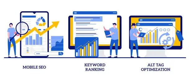 Vector illustration of Mobile SEO agency, keyword ranking, alt tag optimization concept with tiny people. Search engine marketing abstract vector illustration set. Website ranking, page navigation metaphor.