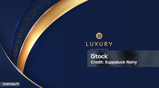 istock Dark navy blue and gold curve shapes on background with glowing golden striped lines and glitter. Luxury and elegant. Abstract template design. Design for presentation, banner, cover. EPS10 vector 1316926679