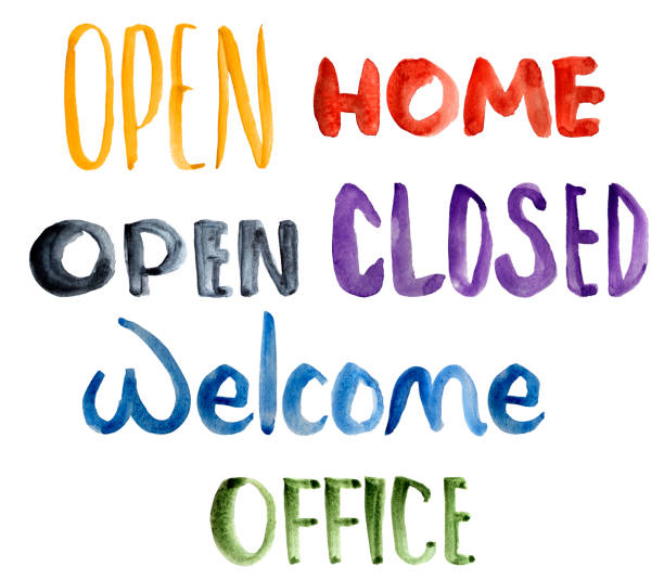 istock Open, closed, home, office, welcome watercolor hand lettering. 1316928661