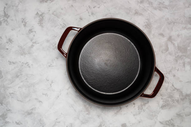 istock Empty cast iron stewpan on concrete background, top view. Mock up template. 1316930828