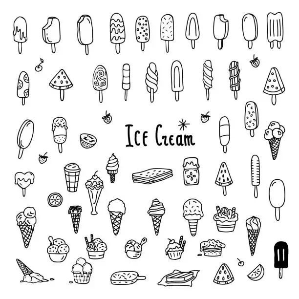 Vector illustration of Ice cream collection. Doodle vector illustration set of objects black and white on white background