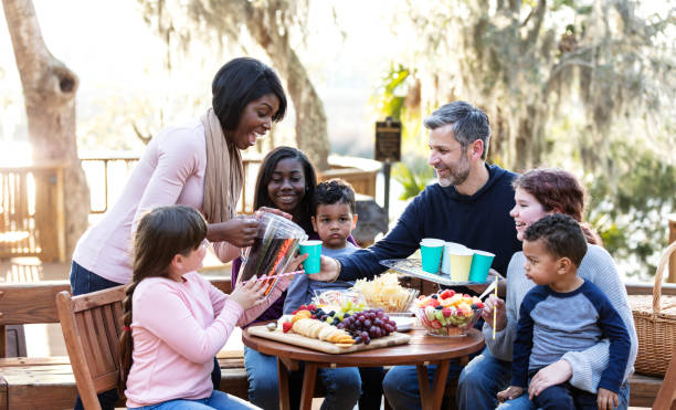 famiglia mescolata con cinque bambini che fanno un picnic - picnic family barbecue social gathering foto e immagini stock