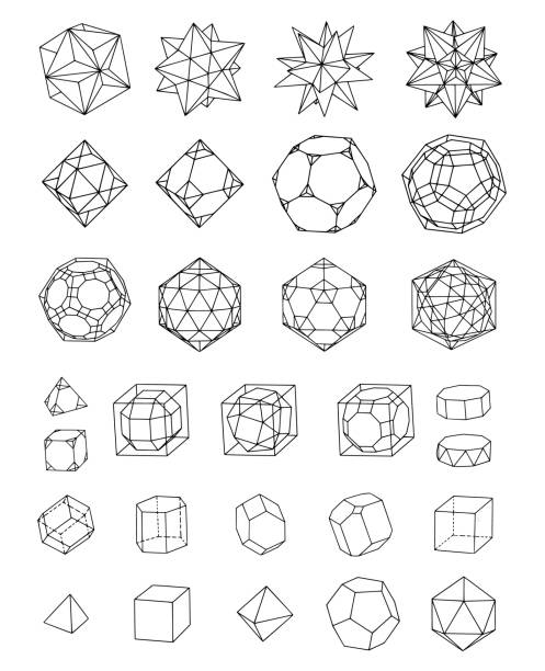 Shapes set Shapes set. Vector illustration. Cube, pyramid, tetrahedron, octahedron, dodecahedron, polydron, icosahedron, cube, fullerene, hexagon, prism, tetrahedron, hexahedron, octahedron, dodecahedron, icosahedron, truncated tetrahedron, truncated cuboid, truncated octahedron, cuboctahedron, rhomboicosidodecahedron, truncated icosidodecahedron, truncated icosahedron, flat-nosed dodecahedron, regular prism, antiprism. polyhedron stock illustrations