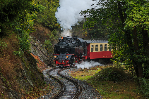 Historic train in the Harz Mountains. Narrow gauge railway in the mountains in rainy weather in autumn. Steam locomotive with wagon drives on a track in a valley with trees