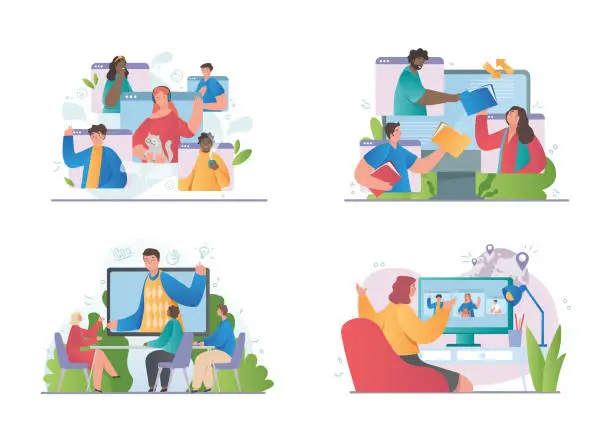 Vector illustration of Video conference theme and diverse multiracial team