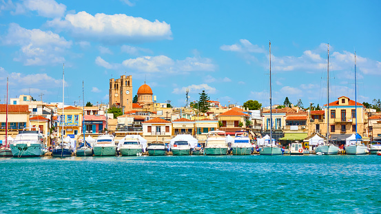 Aegina, Greece  - September 13, 2019: Marina and seafront in Aegina town