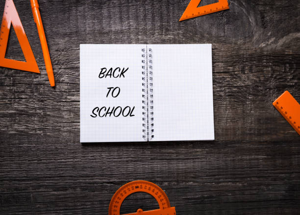 istock Notebook, pen, ruler, straightedge and protractor on wooden background with inscription back to school 1316952745