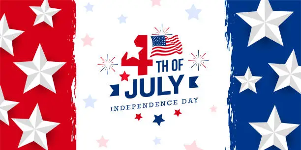 Vector illustration of 4th of July celebration usa independence day design with star, fireworks and usa national flag on red and blue color brush stroke, grunge, vintage background with 3d star, promotion advertising banner template banner. Vector illustration.