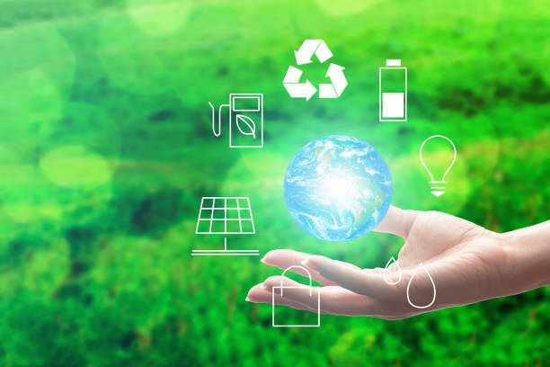 istock renewable, sustainable, ecology development concept, hand holding earth with renewable energy resource icons, Elements of this image furnished by NASA 1316961183