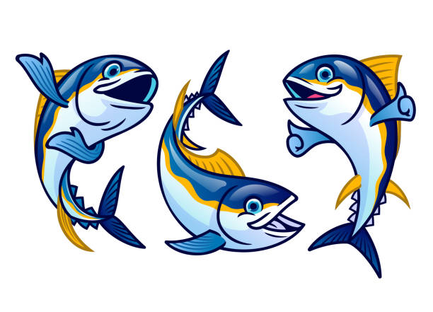illustrazioni stock, clip art, cartoni animati e icone di tendenza di impostare cartone animato carino di tonno pesce - tuna