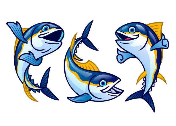 ilustrações, clipart, desenhos animados e ícones de definir desenho animado bonito de peixe de atum - tuna