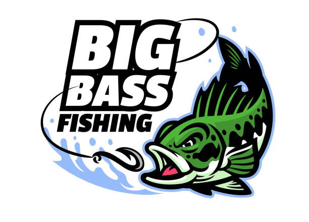 ilustraciones, imágenes clip art, dibujos animados e iconos de stock de logotipo de mascota de pesca de lubina grande - bass