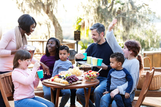 Blended family with five children having a picnic A multi-ethnic blended family having a picnic or cookout. They are sitting around a table and the parents are serving refreshments. The mother is African-American and father is Caucasian. Their two little boys are twins, almost 3 years old. The three girls, 11 to 15 years old, are from prior relationships. The boys are sitting on their half-sisters' laps. big family table stock pictures, royalty-free photos & images