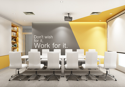 Working area in modern office with carpet floor and meeting room yellow and gray color. interior 3d rendering