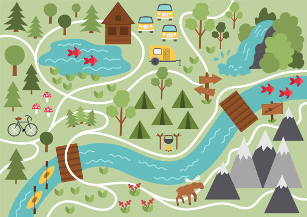 Camping map. Summer camp background. Vector nature clip art or infographic elements with mountains, waterfall, trees, forest, moose, river. Hiking, trekking or campfire plan. Camping map. Summer camp background. Vector nature clip art or infographic elements with mountains, waterfall, trees, forest, moose, river. Hiking, trekking or campfire plan. camping drawings stock illustrations