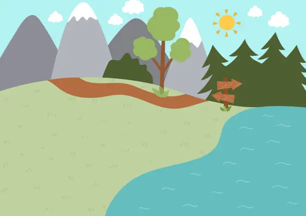 Vector illustration of Summer camp background. Nature empty landscape with mountains, tree, path, forest, lake and wooden direction sign. Vector woodland scene. Active holidays or local tourism plan