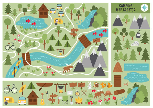 ilustrações, clipart, desenhos animados e ícones de criador do mapa de camping. conjunto de elementos de desenho animado plano para a construção da atividade do acampamento de verão. arte de clipe de natureza vetorial com montanhas, cachoeiras, árvores, animais florestais para caminhadas ou plano de fog - recreational trail