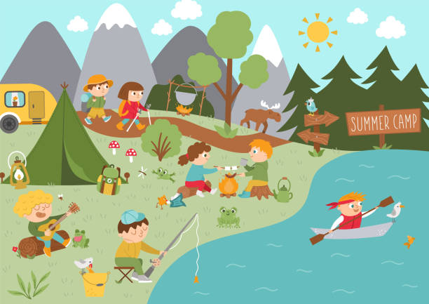 camping hintergrund mit niedlichen kindern tun sommer-aktivitäten. vektor-wald-szene mit wandern, angeln, rafting, singende kinder. aktivurlaub oder lokale tourismusplan design für postkarten, anzeigen, drucken - plant animal backgrounds nature stock-grafiken, -clipart, -cartoons und -symbole