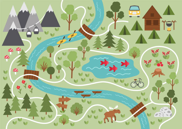 ilustrações de stock, clip art, desenhos animados e ícones de camping map. summer camp background. vector nature clip art or infographic elements with mountains, trees, forest, moose, river, bike, cable car. hiking, trekking or campfire plan. - rafting on a mountain river