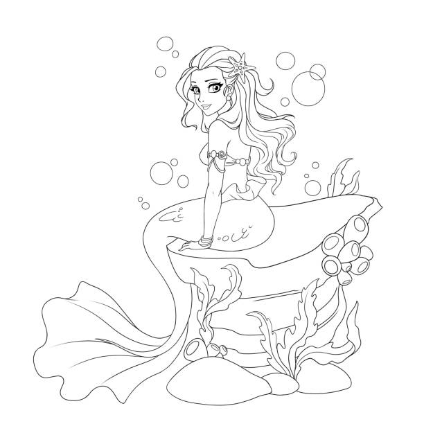 ilustraciones, imágenes clip art, dibujos animados e iconos de stock de ilustración de una hermosa sirena sentada en la piedra. - princesa de anime