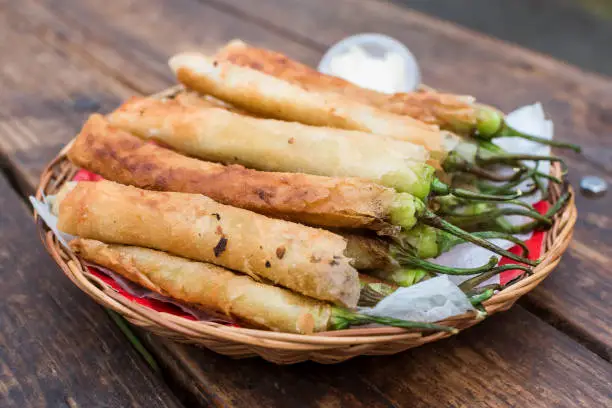 Dynamite lumpia or dinamita, a popular Filipino appetizer usually stuffed with cheese or ground beef or pork.