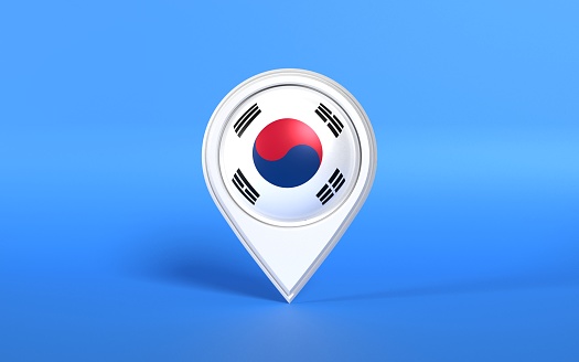 South Korean flag in a white map pointer on blue background. Geo location concept. 3D horizontal composition with copy space. Easy to crop for all your social media and print sizes.