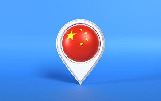 Chinese flag in a white map pointer on blue background. Geo location concept. 3D horizontal composition with copy space. Easy to crop for all your social media and print sizes.