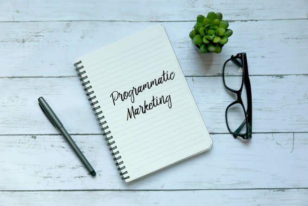istock Business concept. Top view of plant,glasses,pen and notebook written with Programmatic Marketing. 1316967395