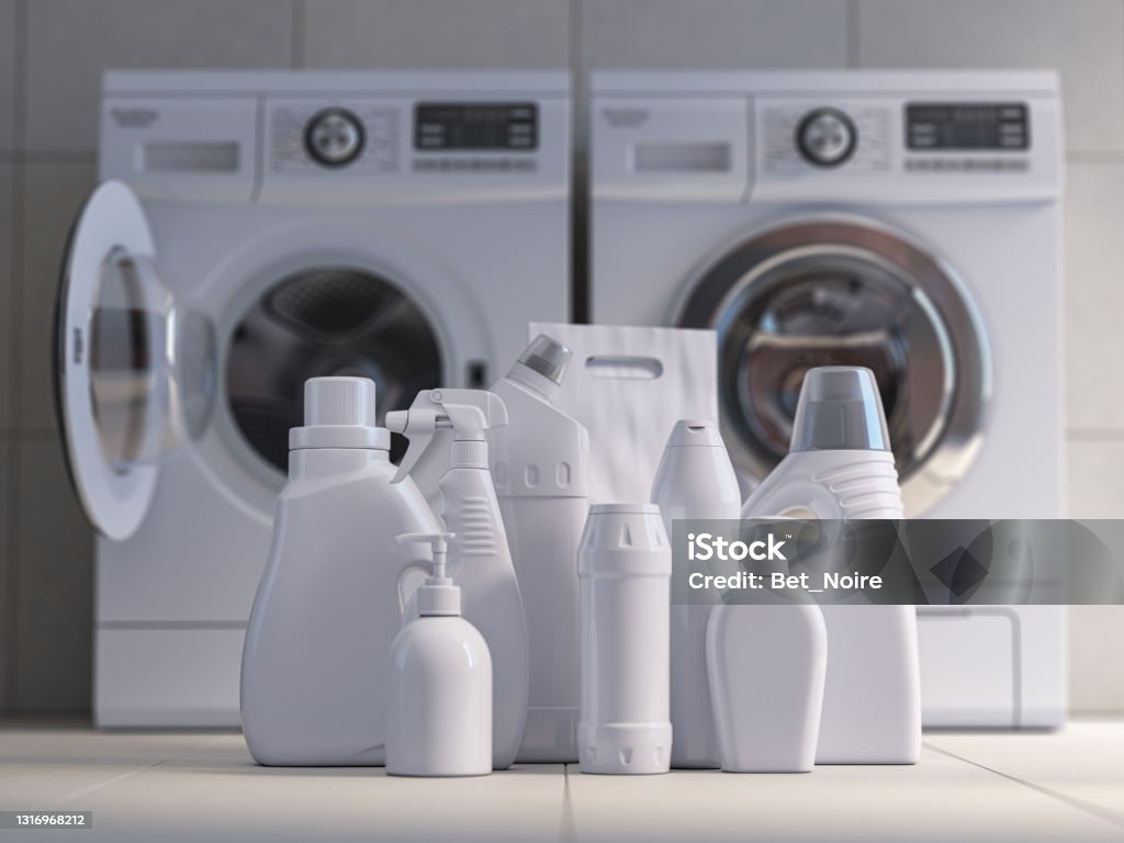 Washing machine, detergent bottles and powder. Washing machine, detergent bottles and powder. 3d illustration Washing Machine Stock Photo