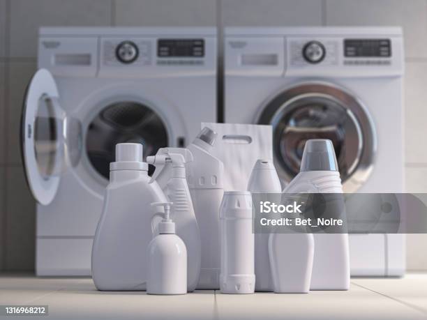 Washing Machine Detergent Bottles And Powder Stock Photo - Download Image Now - Washing Machine, Cleaning Product, Door