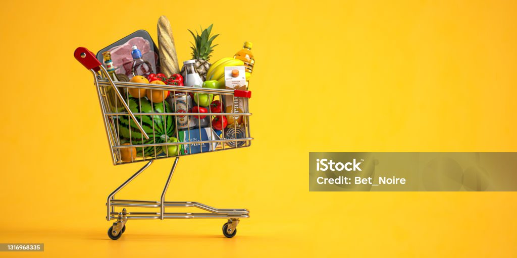 Shopping cart full of food on yellow background. Grocery and food store concept. Shopping cart full of food on yellow background. Grocery and food store concept. 3d illustration Supermarket Stock Photo