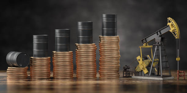 Oil barrels on stack of golden coins and oil pump jack. Growth rise of oil stock prices and growth of extraction concept. Oil barrels on stack of golden coins and oil pump jack. Growth rise of oil stock prices and growth of extraction concept. 3d illustration opec stock pictures, royalty-free photos & images