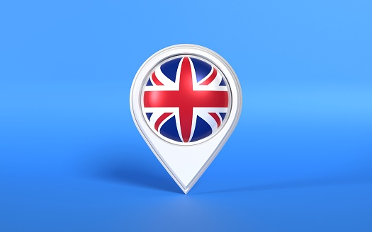 United Kingdom flag in a white map pointer on blue background. Geo location concept. 3D horizontal composition with copy space. Easy to crop for all your social media and print sizes.