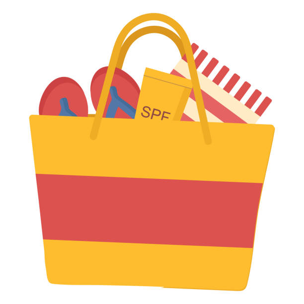 strand sachen in einer tasche für den sommerurlaub im web-design verwendet - strandtasche stock-grafiken, -clipart, -cartoons und -symbole