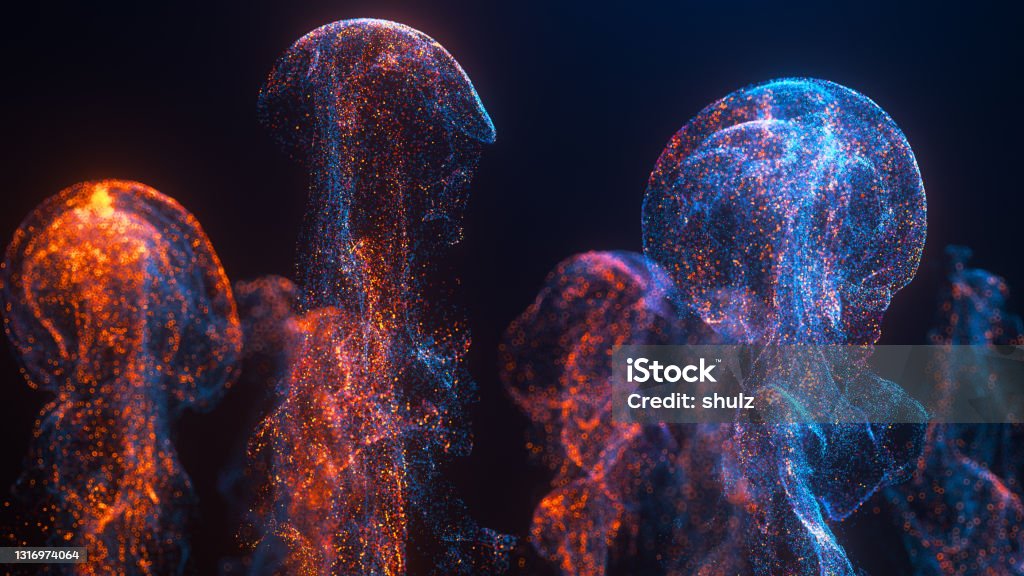 Abstract colorful  particles smoke on a dark background Fluid blue and orange color particles Technology Stock Photo