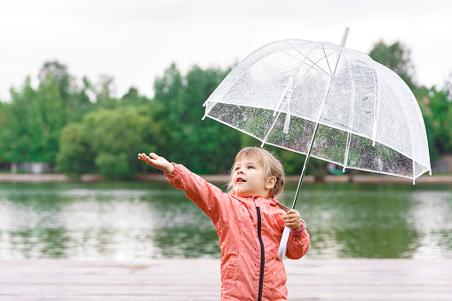 Outdoor portrait of a cute toddler girl under umbrella