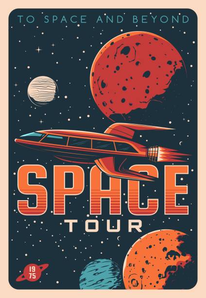 Space tours, galaxy travel and spaceship tourism Space tours, planet travel and galaxy tourism adventure vector vintage poster. Future space travel, spaceship shuttle or spacecraft flights to cosmos planets and orbital stations in universe mars stock illustrations