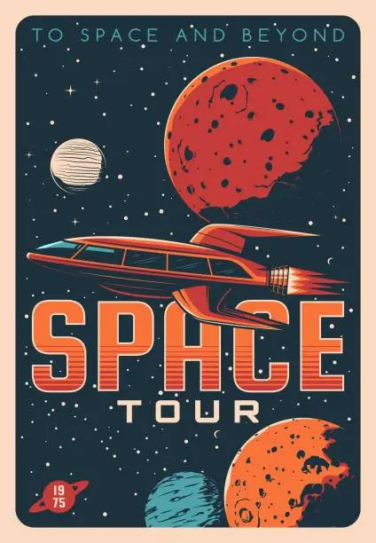 Vector illustration of Space tours, galaxy travel and spaceship tourism