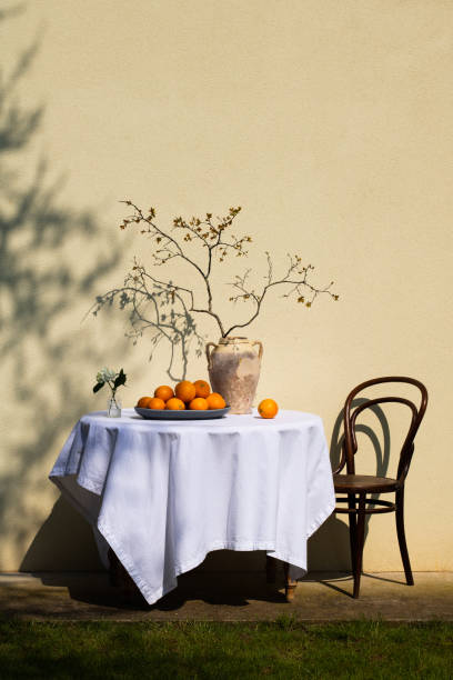 outdoor table setting with oranges. shadows from tree branches. vertical - orange wall imagens e fotografias de stock