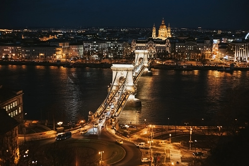 Famous Széchenyi chain bridge background. Capital city of Hungary landscape.