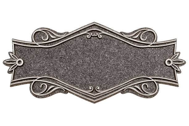 Blank silver metal sign frame with carving patterns hang on metal chain line isolated on white background , clipping path