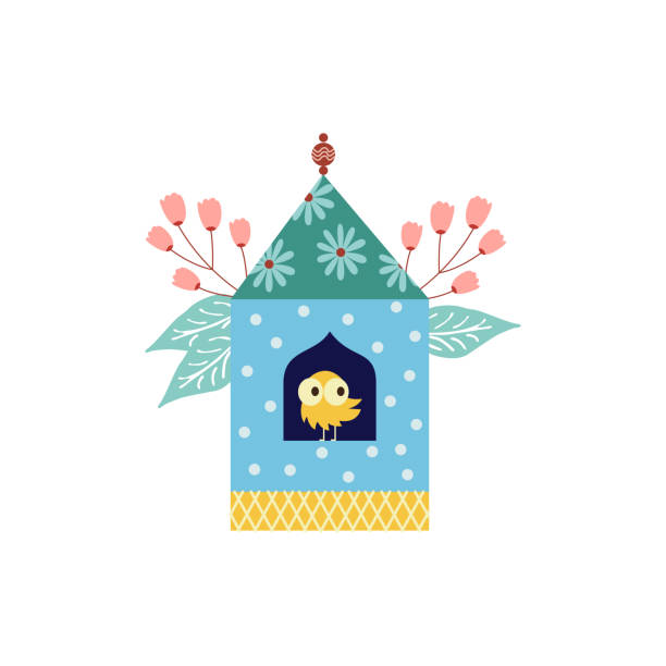 ilustraciones, imágenes clip art, dibujos animados e iconos de stock de ilustración aislada vectorial de hermosa casa de pájaros con flores y pájaro amarillo - birdhouse wood isolated white background