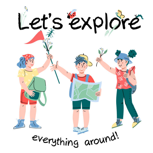 istock Card or poster for summer camp and kids tourism activities with cute children, vector. 1316988955