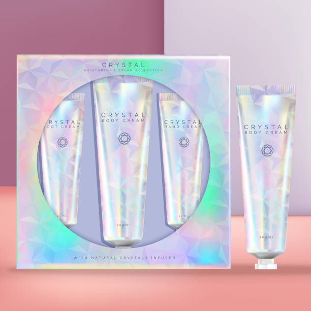 istock Vector Holographic or Iridescent Beauty Hand Cream Tube Set. Window Packaging Box, Geometric Crystal Theme. 1316989014