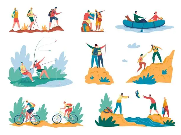 Vector illustration of Hiking activity. Tourists walking with backpack, climbing mountains, riding bikes, fishing. Summer vacation outdoor activity or adventure vector set